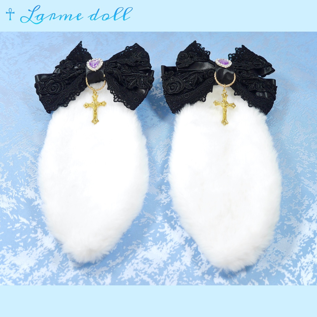 【完成品】【一点物】《☥》パープルハートビジュー付き たれうさ耳ロリィタヘアクリップ(カラー▷白×黒)