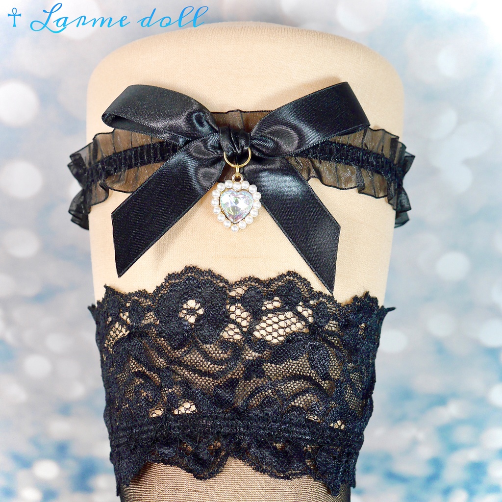 【受注生産】《☥》オーガンジーレースガーターリング(レース黒)(リボンノーマルVer.)(クリップ無し)(タイプD)