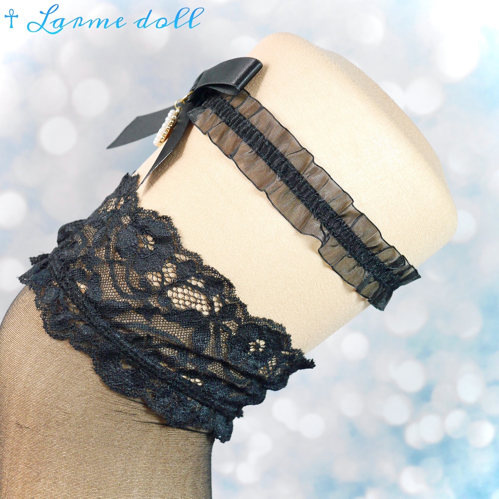 【受注生産】《☥》オーガンジーレースガーターリング(レース黒)(リボンノーマルVer.)(クリップ無し)(タイプD)