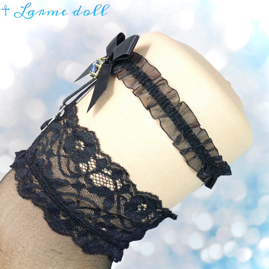 【受注生産】《☥》オーガンジーレースガーターリング(レース黒)(リボンノーマルver.)(クリップ有り)(タイプC)