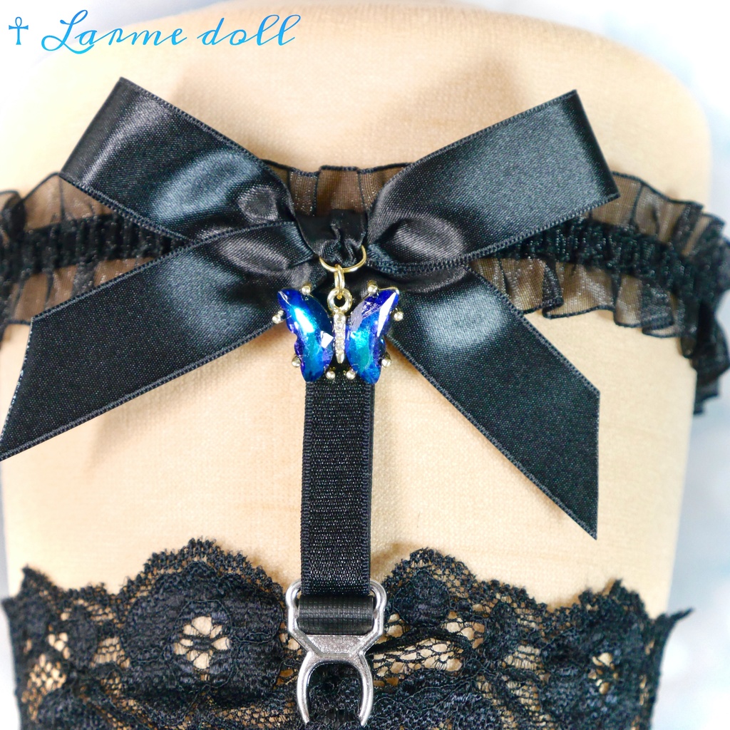 【受注生産】《☥》オーガンジーレースガーターリング(レース黒)(リボンノーマルver.)(クリップ有り)(タイプC)