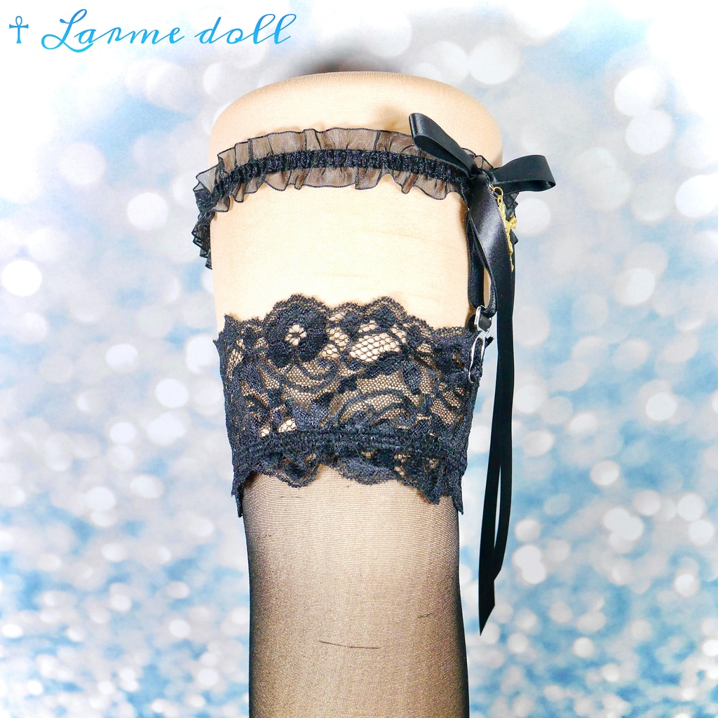 【受注生産】《☥》オーガンジーレースガーターリング(レース黒)(リボンロングver.)(クリップ有り)(タイプB)