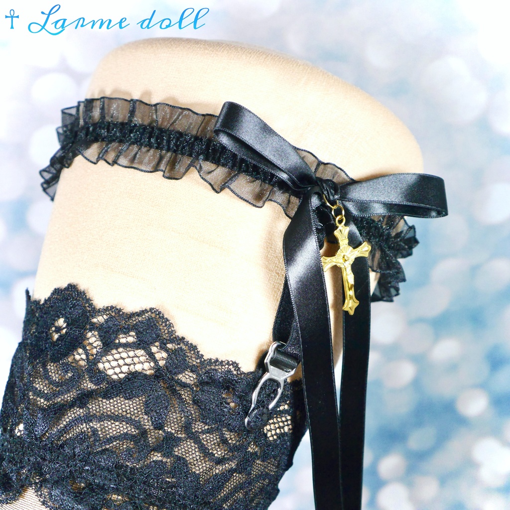 【受注生産】《☥》オーガンジーレースガーターリング(レース黒)(リボンロングver.)(クリップ有り)(タイプB)