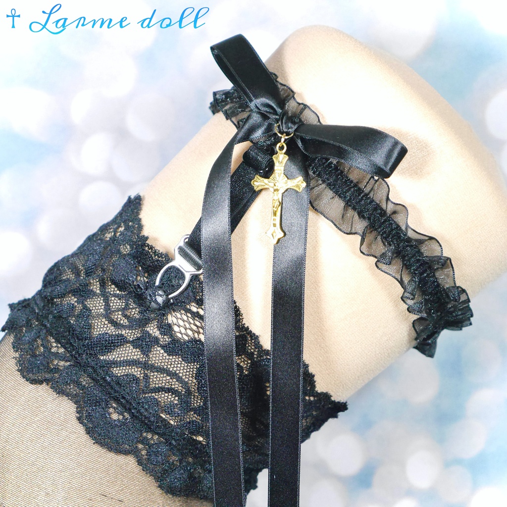 【受注生産】《☥》オーガンジーレースガーターリング(レース黒)(リボンロングver.)(クリップ有り)(タイプB)