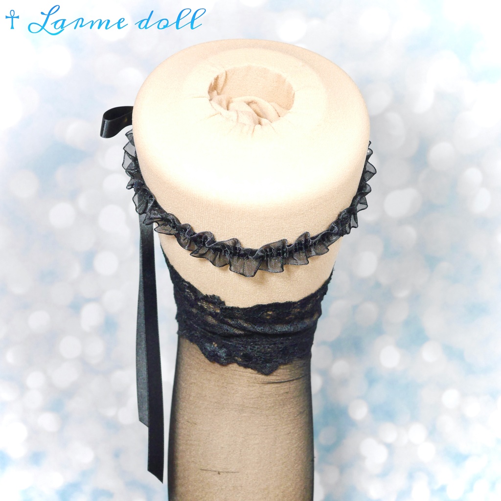 【受注生産】《☥》オーガンジーレースガーターリング(レース黒)(リボンロングver.)(クリップ有り)(タイプB)