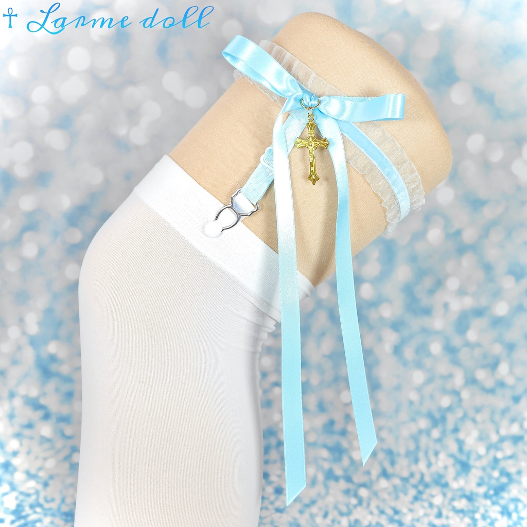 【受注生産】《☥》オーガンジーレースガーターリング(レース水色)(リボンロングver.)(クリップ有り)(タイプB)