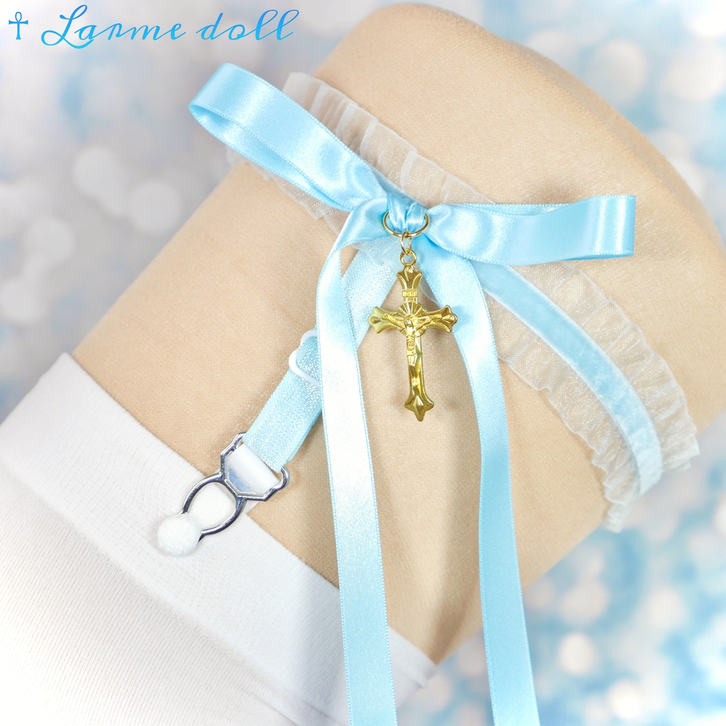 【受注生産】《☥》オーガンジーレースガーターリング(レース水色)(リボンロングver.)(クリップ有り)(タイプB)