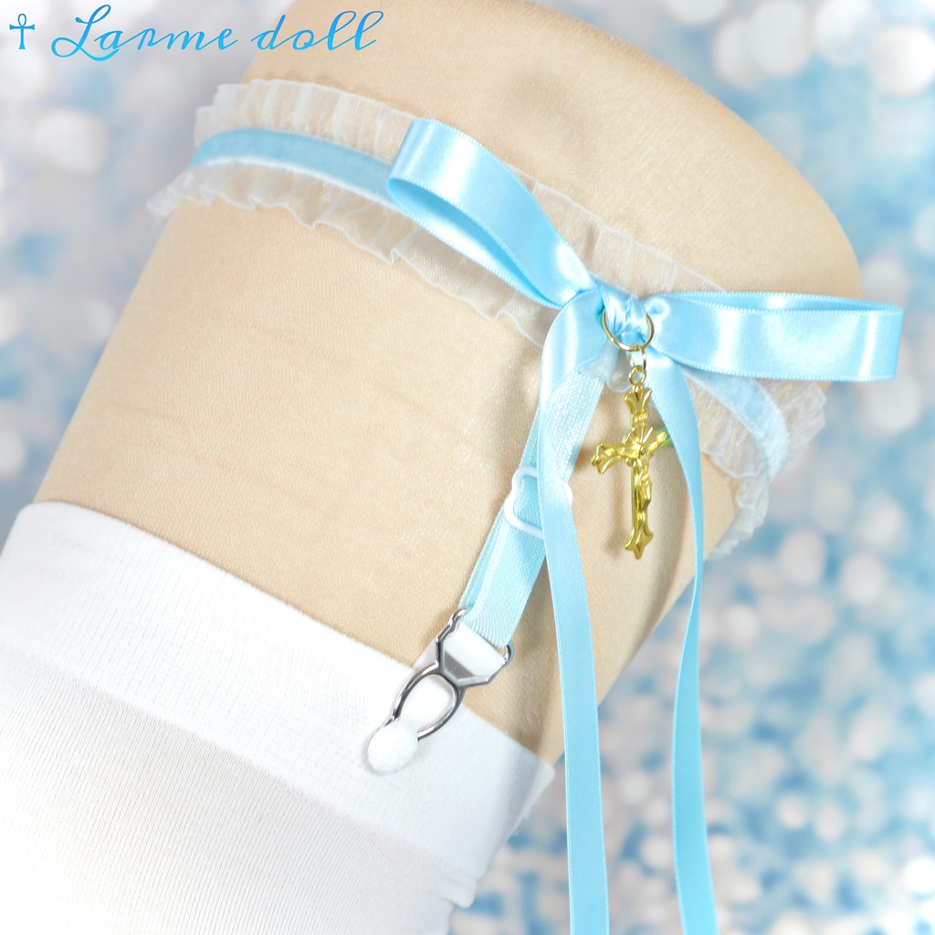 【受注生産】《☥》オーガンジーレースガーターリング(レース水色)(リボンロングver.)(クリップ有り)(タイプB)