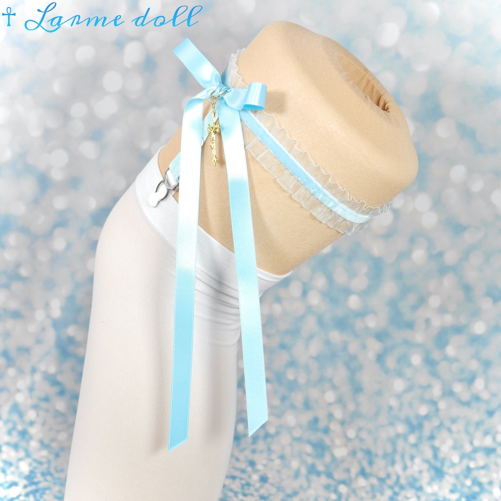 【受注生産】《☥》オーガンジーレースガーターリング(レース水色)(リボンロングver.)(クリップ有り)(タイプB)