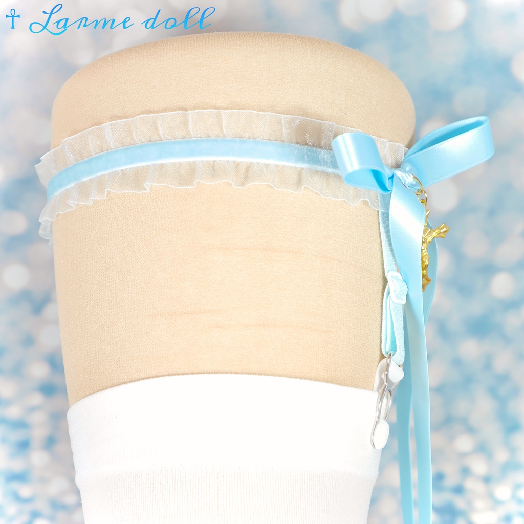 【受注生産】《☥》オーガンジーレースガーターリング(レース水色)(リボンロングver.)(クリップ有り)(タイプB)