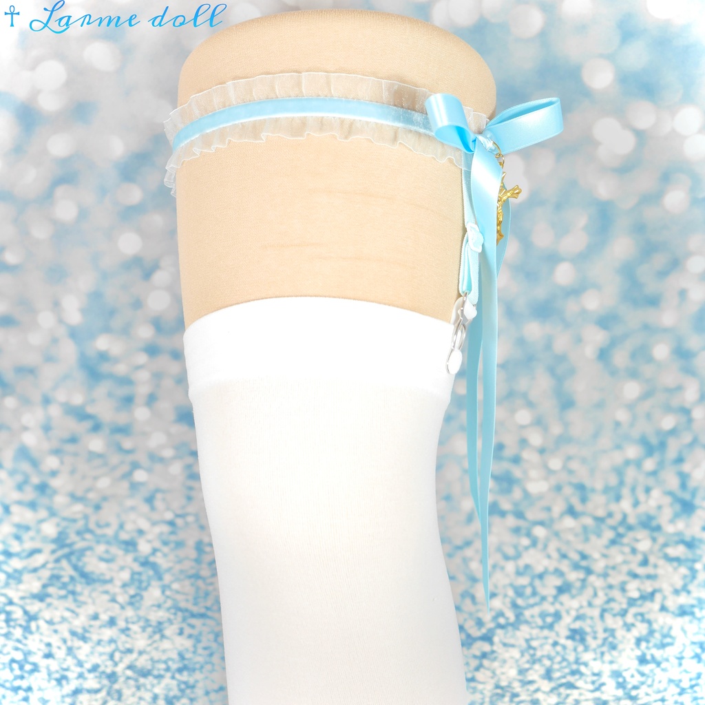 【受注生産】《☥》オーガンジーレースガーターリング(レース水色)(リボンロングver.)(クリップ有り)(タイプB)