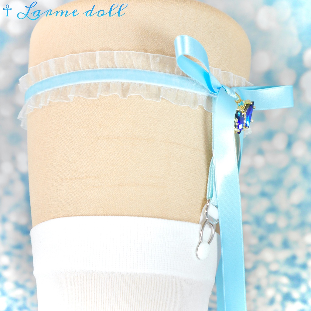 【受注生産】《☥》オーガンジーレースガーターリング(レース水色)(リボンロングver.)(クリップ有り)(タイプC)