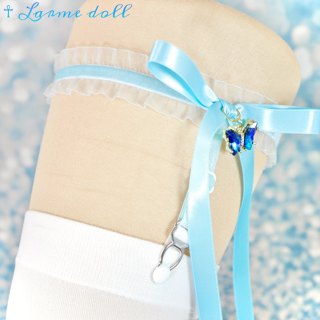 【受注生産】《☥》オーガンジーレースガーターリング(レース水色)(リボンロングver.)(クリップ有り)(タイプC)