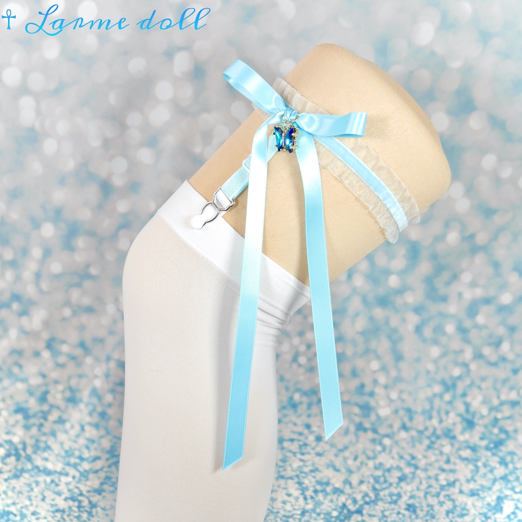 【受注生産】《☥》オーガンジーレースガーターリング(レース水色)(リボンロングver.)(クリップ有り)(タイプC)