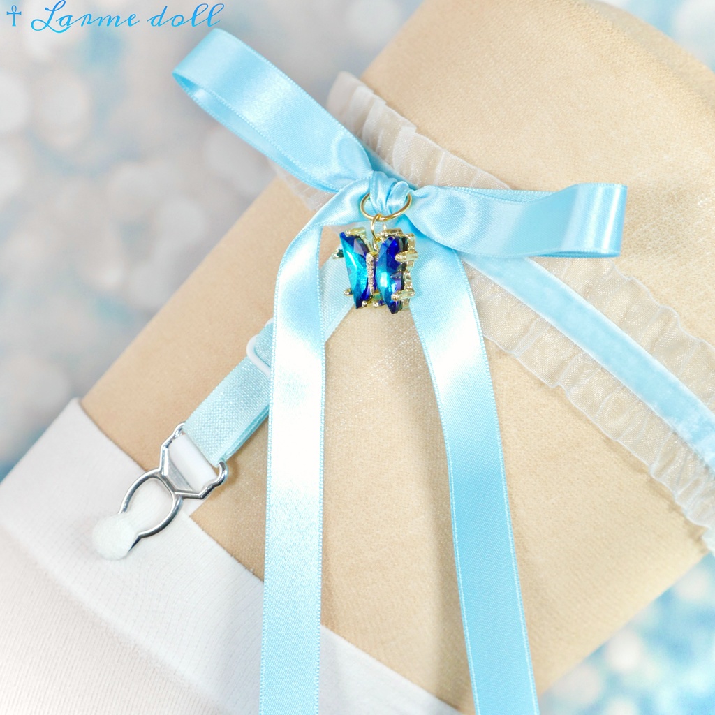 【受注生産】《☥》オーガンジーレースガーターリング(レース水色)(リボンロングver.)(クリップ有り)(タイプC)