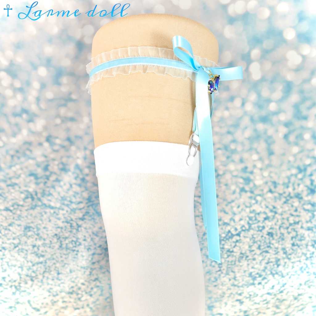 【受注生産】《☥》オーガンジーレースガーターリング(レース水色)(リボンロングver.)(クリップ有り)(タイプC)