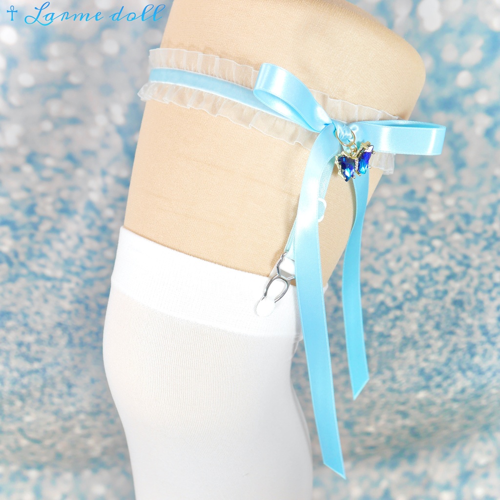 【受注生産】《☥》オーガンジーレースガーターリング(レース水色)(リボンロングver.)(クリップ有り)(タイプC)