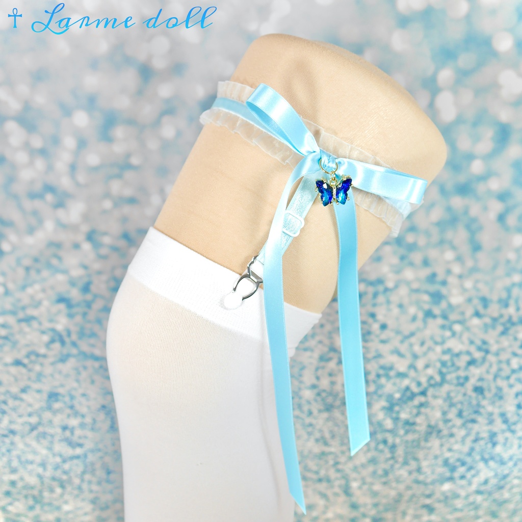 【受注生産】《☥》オーガンジーレースガーターリング(レース水色)(リボンロングver.)(クリップ有り)(タイプC)