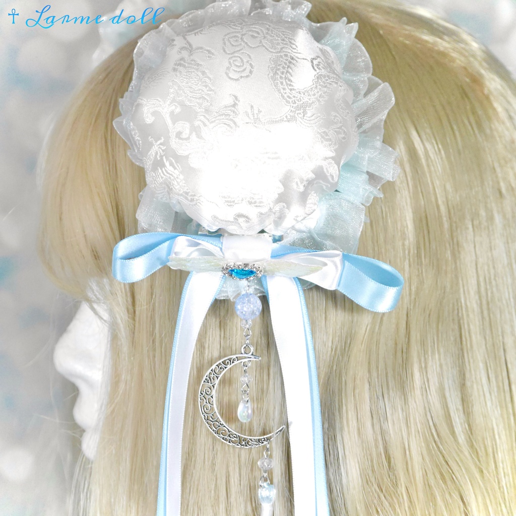 【受注生産】《☥》天使チャイナお団子カバー カラー▷白×水色 (接合パーツ、月チャームシルバーカラーver.)