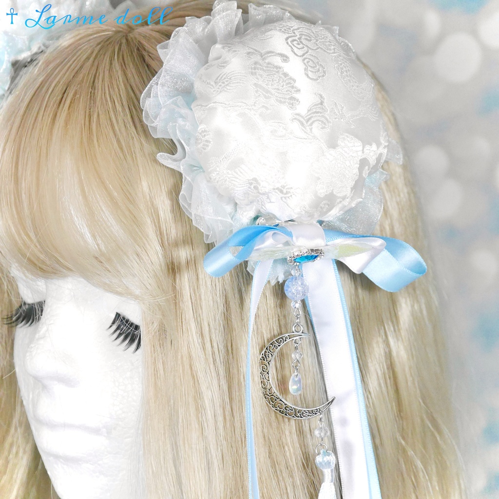 【受注生産】《☥》天使チャイナお団子カバー カラー▷白×水色 (接合パーツ、月チャームシルバーカラーver.)