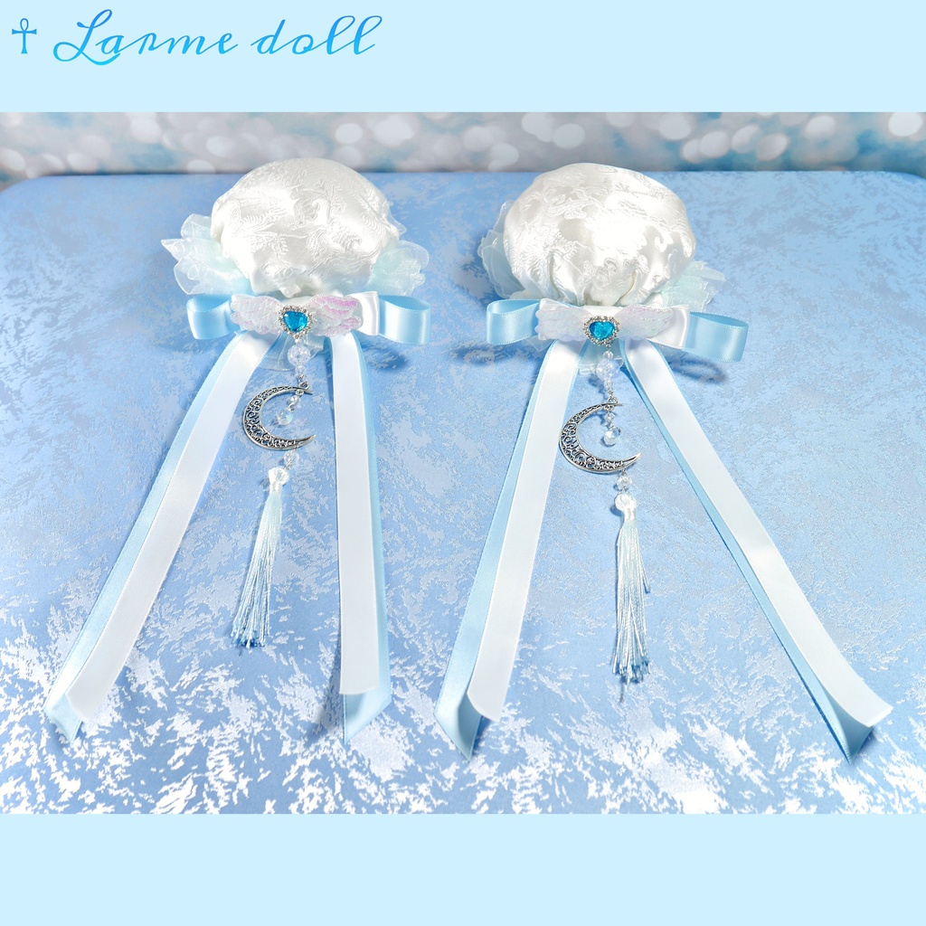 【受注生産】《☥》天使チャイナお団子カバー カラー▷白×水色 (接合パーツ、月チャームシルバーカラーver.)