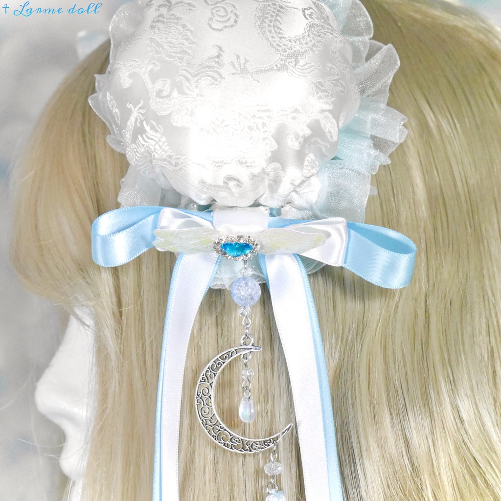 【受注生産】《☥》天使チャイナお団子カバー カラー▷白×水色 (接合パーツ、月チャームシルバーカラーver.)