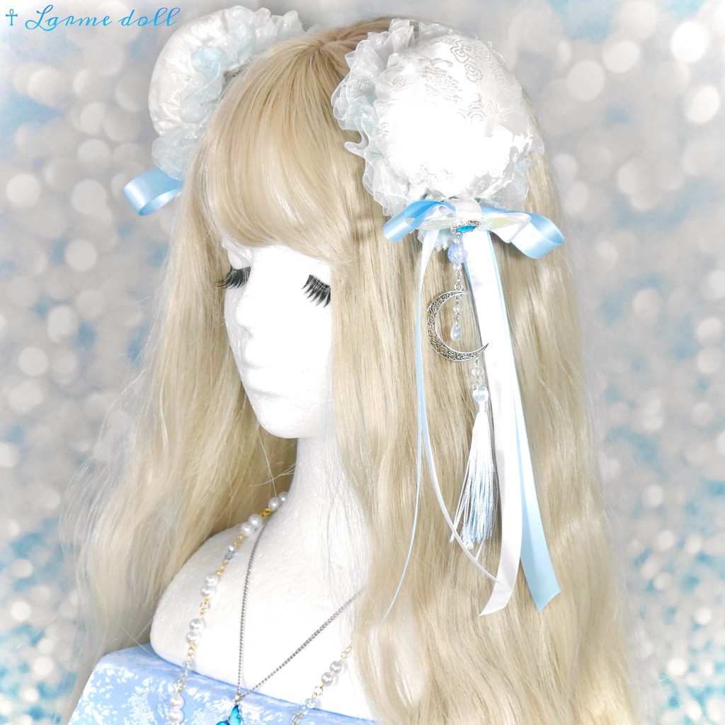 【受注生産】《☥》天使チャイナお団子カバー カラー▷白×水色 (接合パーツ、月チャームシルバーカラーver.)