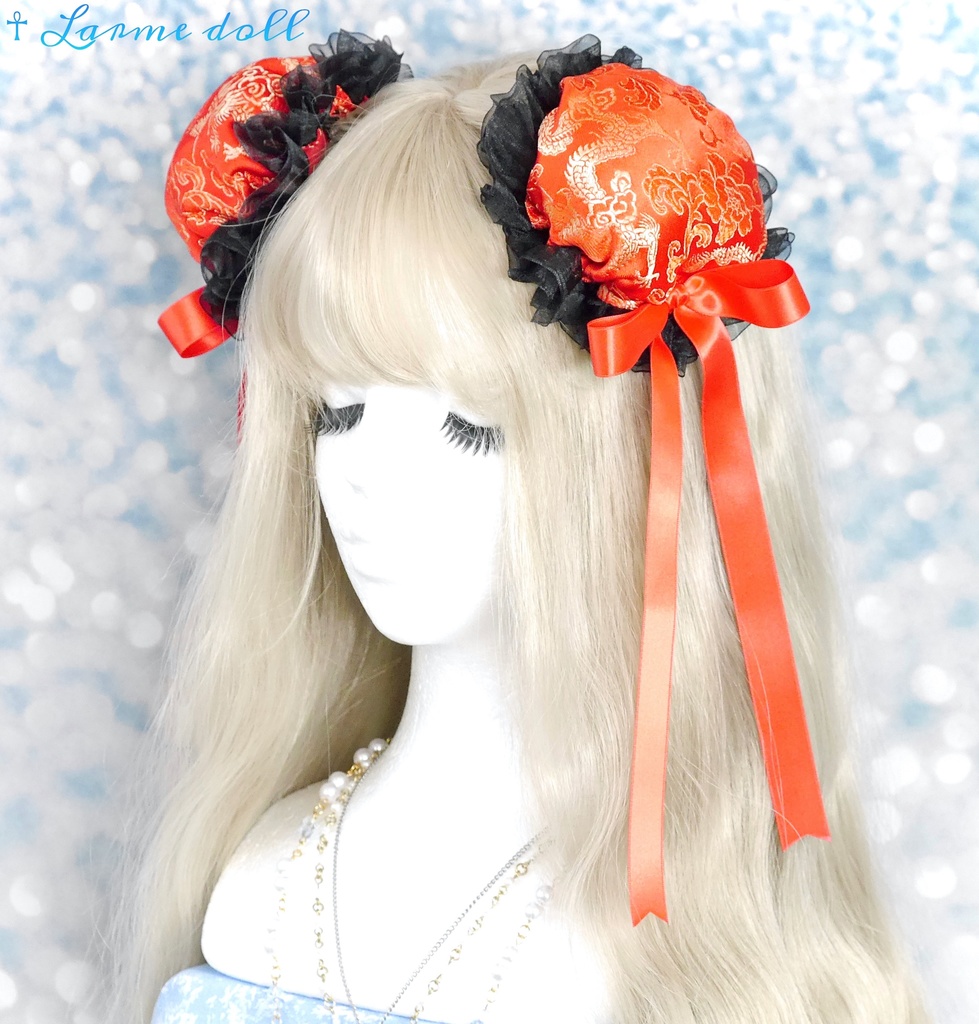 【受注生産】《☥》ゆめかわチャイナお団子カバー(オーガンジーレース黒)(本体カバーカラー▷赤) 取り外し可能綿クッション+ヘアクリップ付き