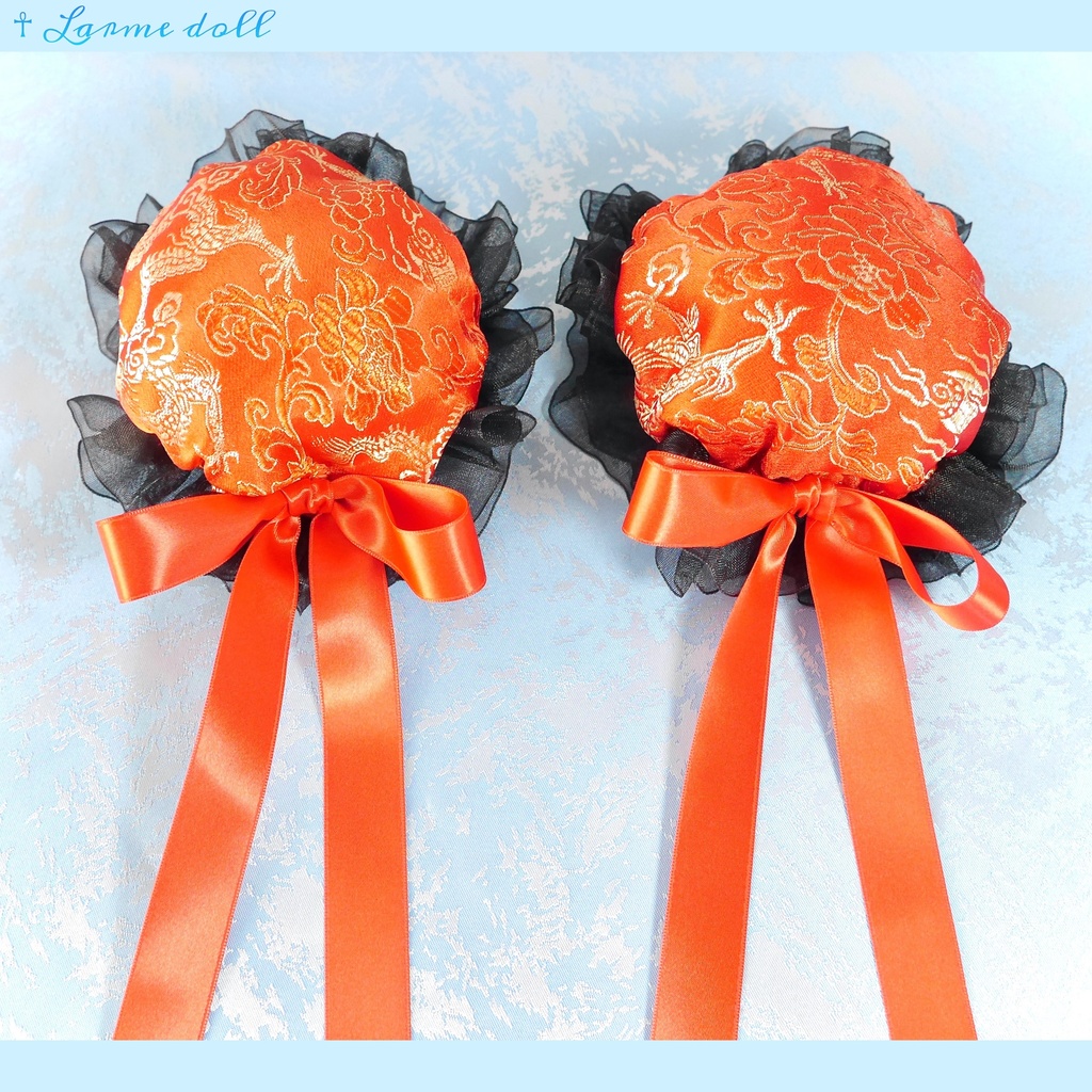 【受注生産】《☥》ゆめかわチャイナお団子カバー(オーガンジーレース黒)(本体カバーカラー▷赤) 取り外し可能綿クッション+ヘアクリップ付き