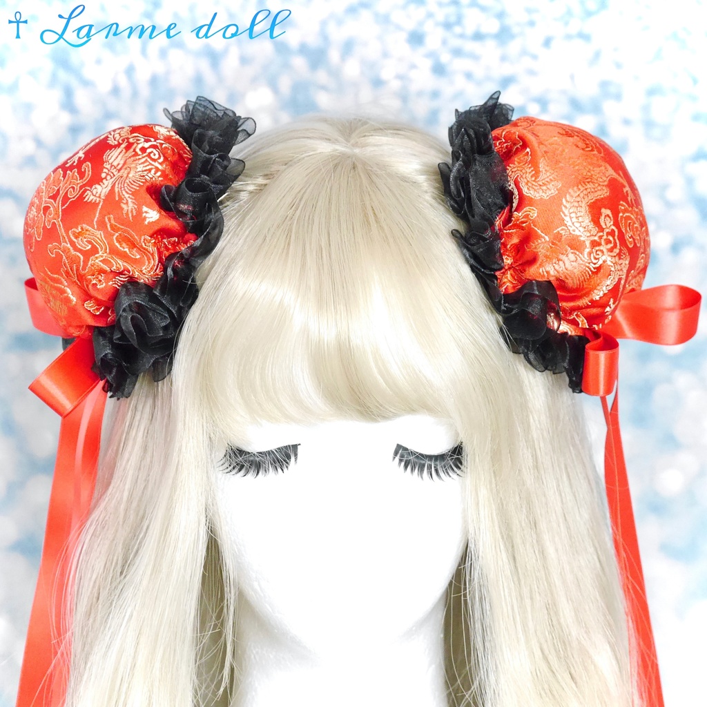 【受注生産】《☥》ゆめかわチャイナお団子カバー(オーガンジーレース黒)(本体カバーカラー▷赤) 取り外し可能綿クッション+ヘアクリップ付き