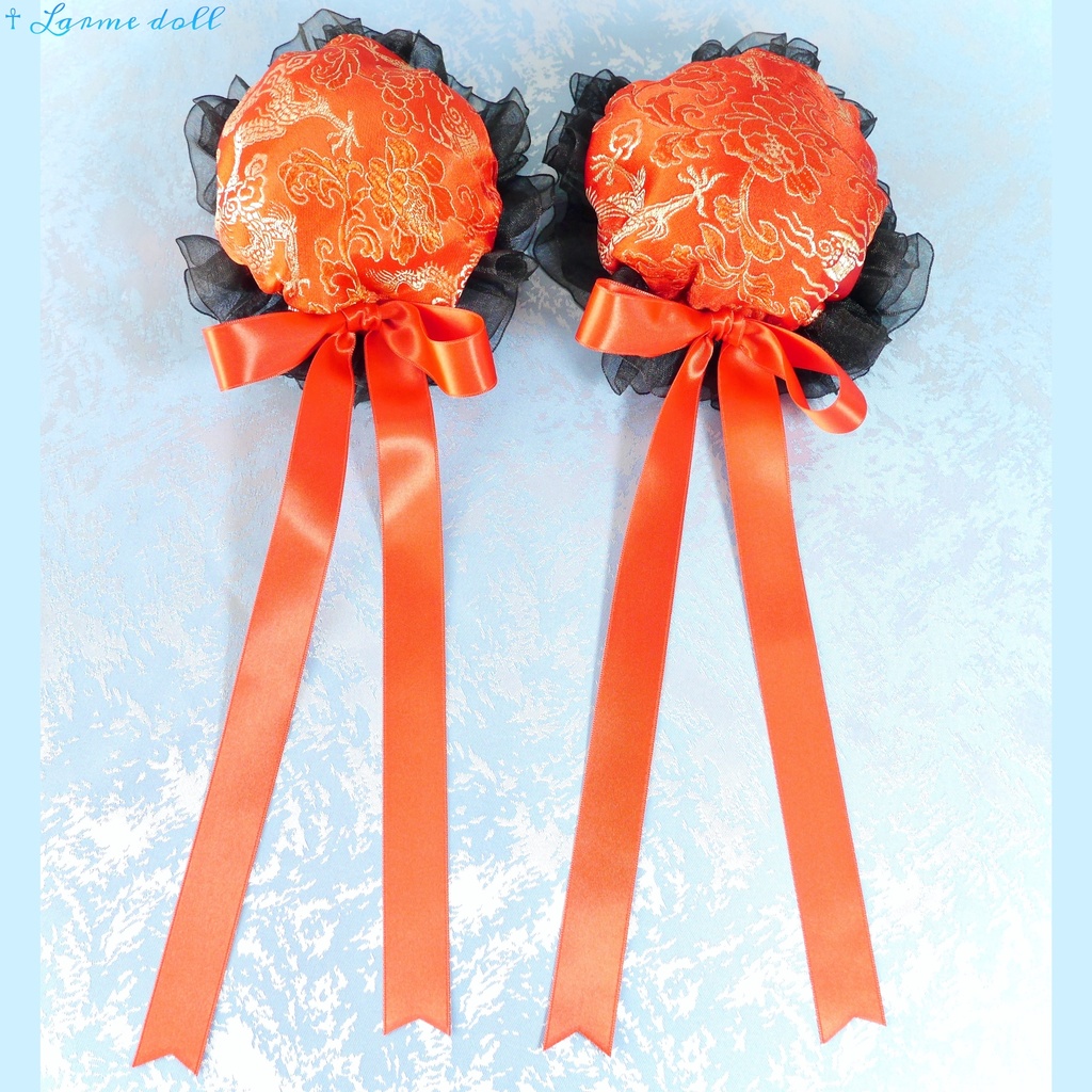 【受注生産】《☥》ゆめかわチャイナお団子カバー(オーガンジーレース黒)(本体カバーカラー▷赤) 取り外し可能綿クッション+ヘアクリップ付き