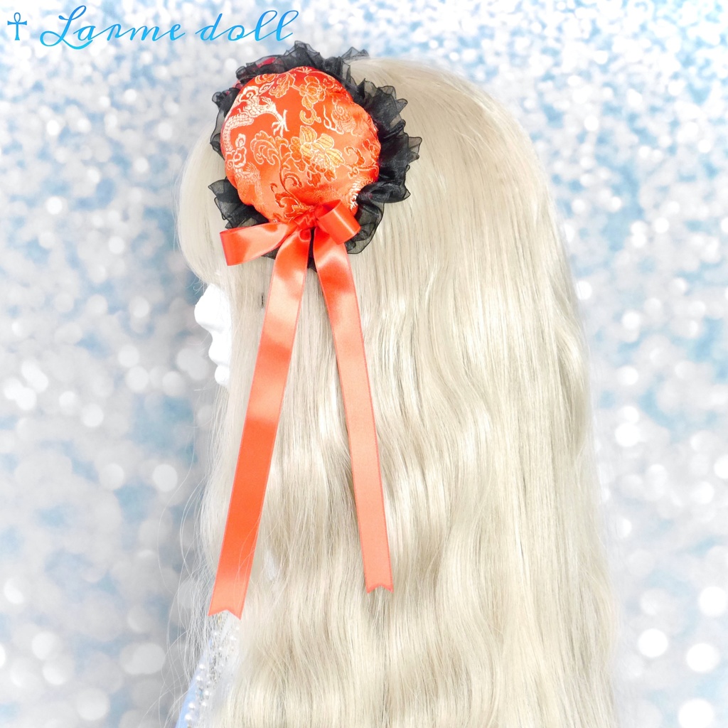 【受注生産】《☥》ゆめかわチャイナお団子カバー(オーガンジーレース黒)(本体カバーカラー▷赤) 取り外し可能綿クッション+ヘアクリップ付き