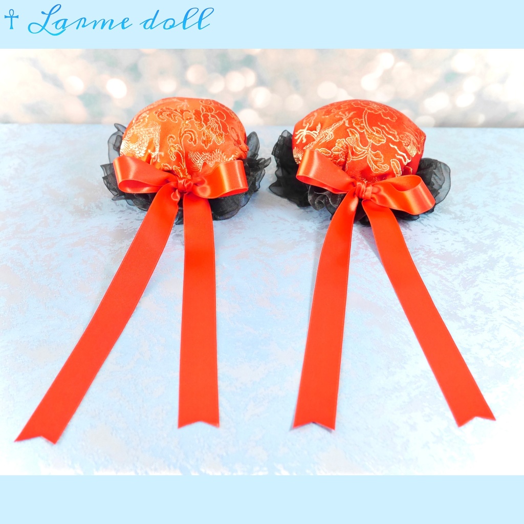 【受注生産】《☥》ゆめかわチャイナお団子カバー(オーガンジーレース黒)(本体カバーカラー▷赤) 取り外し可能綿クッション+ヘアクリップ付き