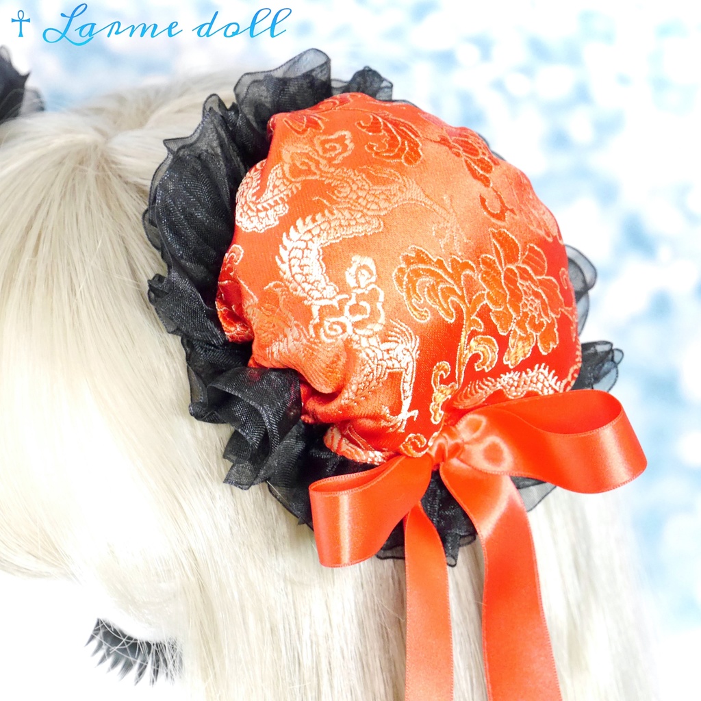 【受注生産】《☥》ゆめかわチャイナお団子カバー(オーガンジーレース黒)(本体カバーカラー▷赤) 取り外し可能綿クッション+ヘアクリップ付き