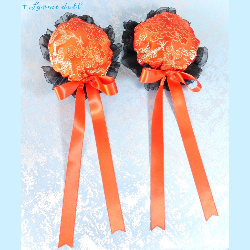 【受注生産】《☥》ゆめかわチャイナお団子カバー(オーガンジーレース黒)(本体カバーカラー▷赤) 取り外し可能綿クッション+ヘアクリップ付き