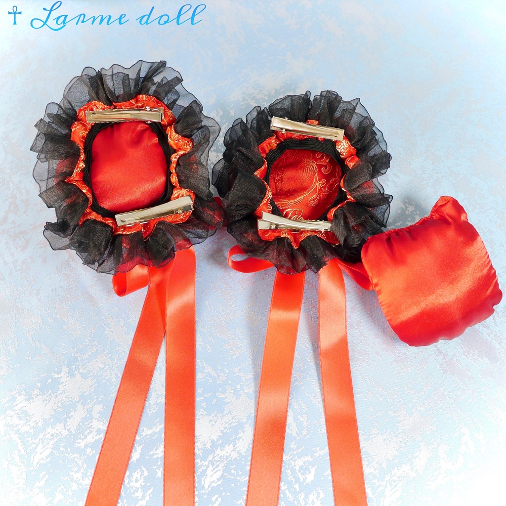 【受注生産】《☥》ゆめかわチャイナお団子カバー(オーガンジーレース黒)(本体カバーカラー▷赤) 取り外し可能綿クッション+ヘアクリップ付き