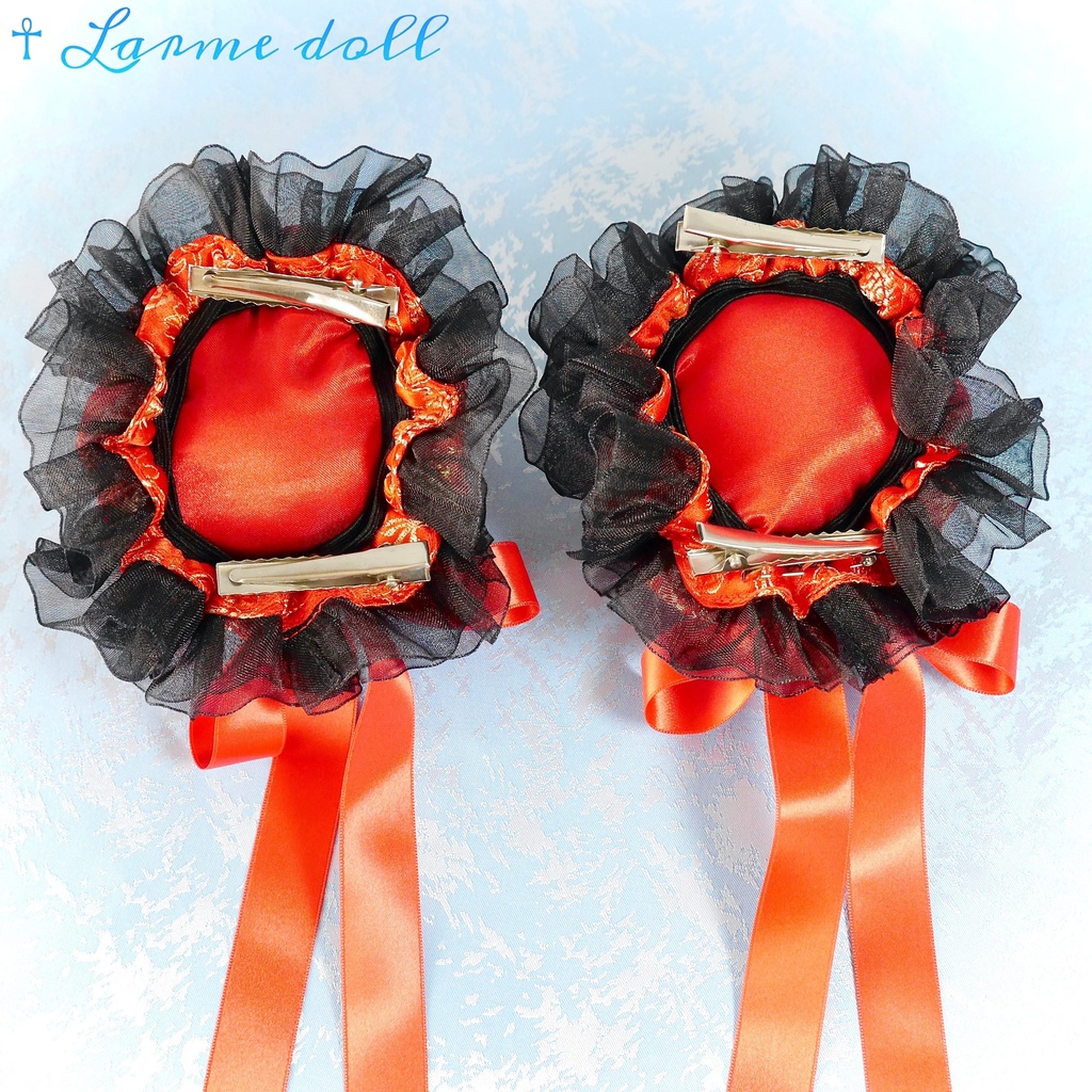 【受注生産】《☥》ゆめかわチャイナお団子カバー(オーガンジーレース黒)(本体カバーカラー▷赤) 取り外し可能綿クッション+ヘアクリップ付き