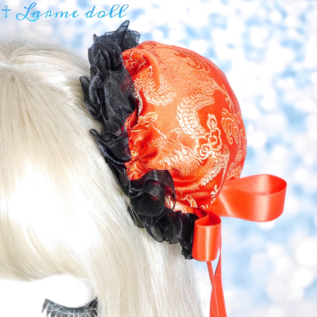 【受注生産】《☥》ゆめかわチャイナお団子カバー(オーガンジーレース黒)(本体カバーカラー▷赤) 取り外し可能綿クッション+ヘアクリップ付き