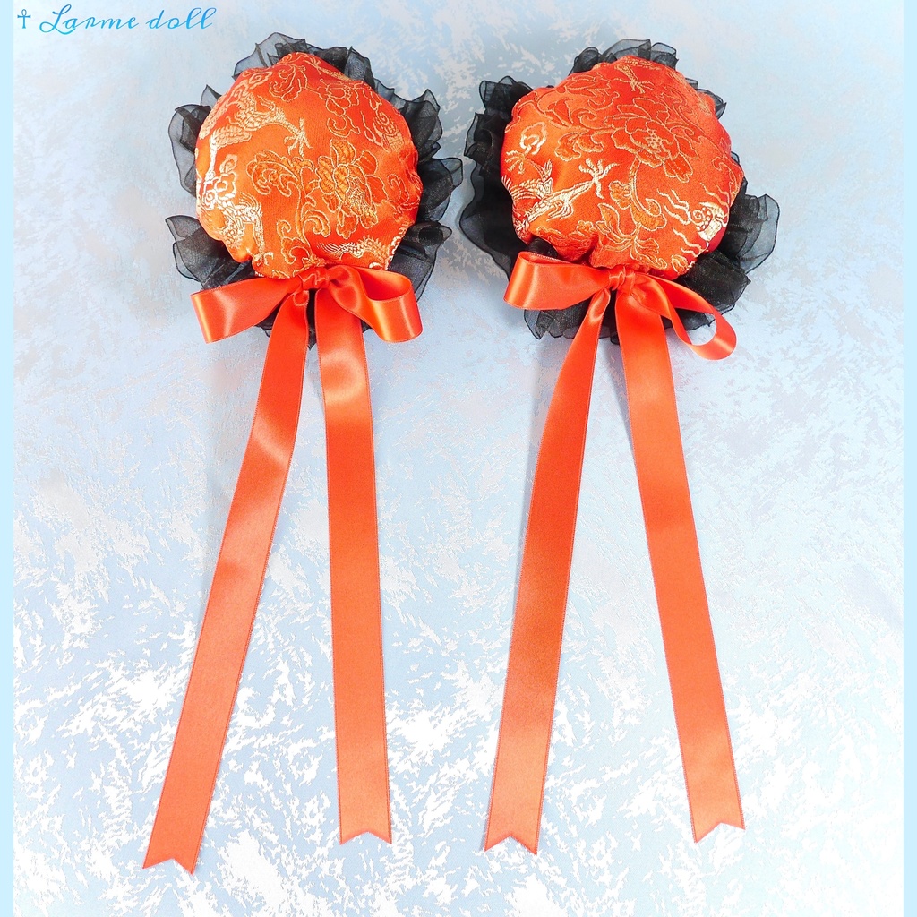 【受注生産】《☥》ゆめかわチャイナお団子カバー(オーガンジーレース黒)(本体カバーカラー▷赤) 取り外し可能綿クッション+ヘアクリップ付き