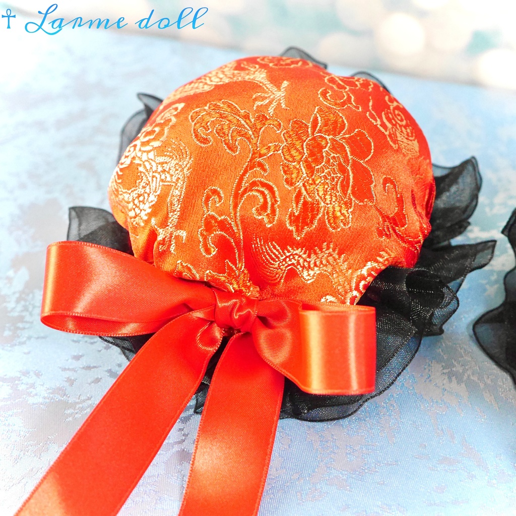 【受注生産】《☥》ゆめかわチャイナお団子カバー(オーガンジーレース黒)(本体カバーカラー▷赤) 取り外し可能綿クッション+ヘアクリップ付き