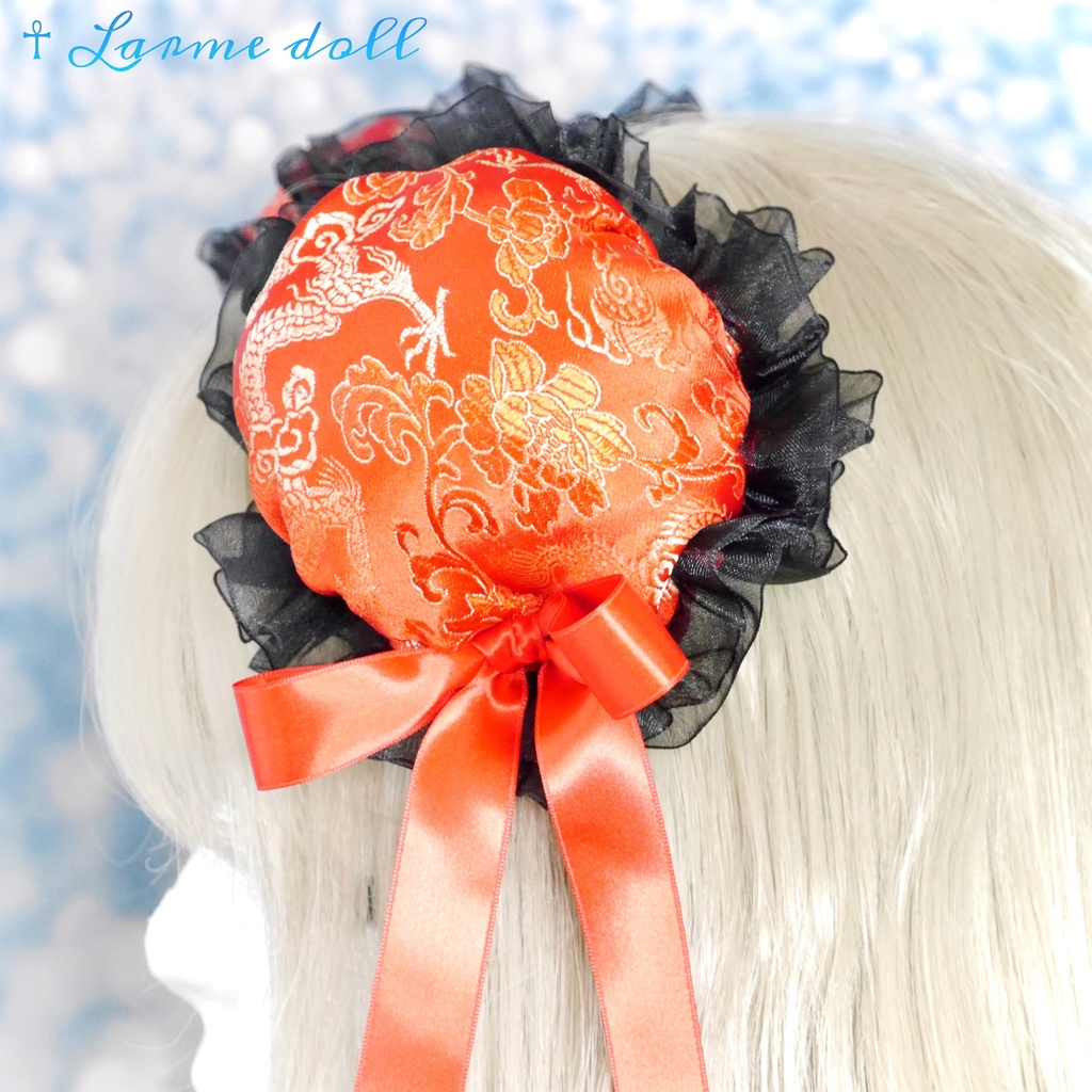 【受注生産】《☥》ゆめかわチャイナお団子カバー(オーガンジーレース黒)(本体カバーカラー▷赤) 取り外し可能綿クッション+ヘアクリップ付き