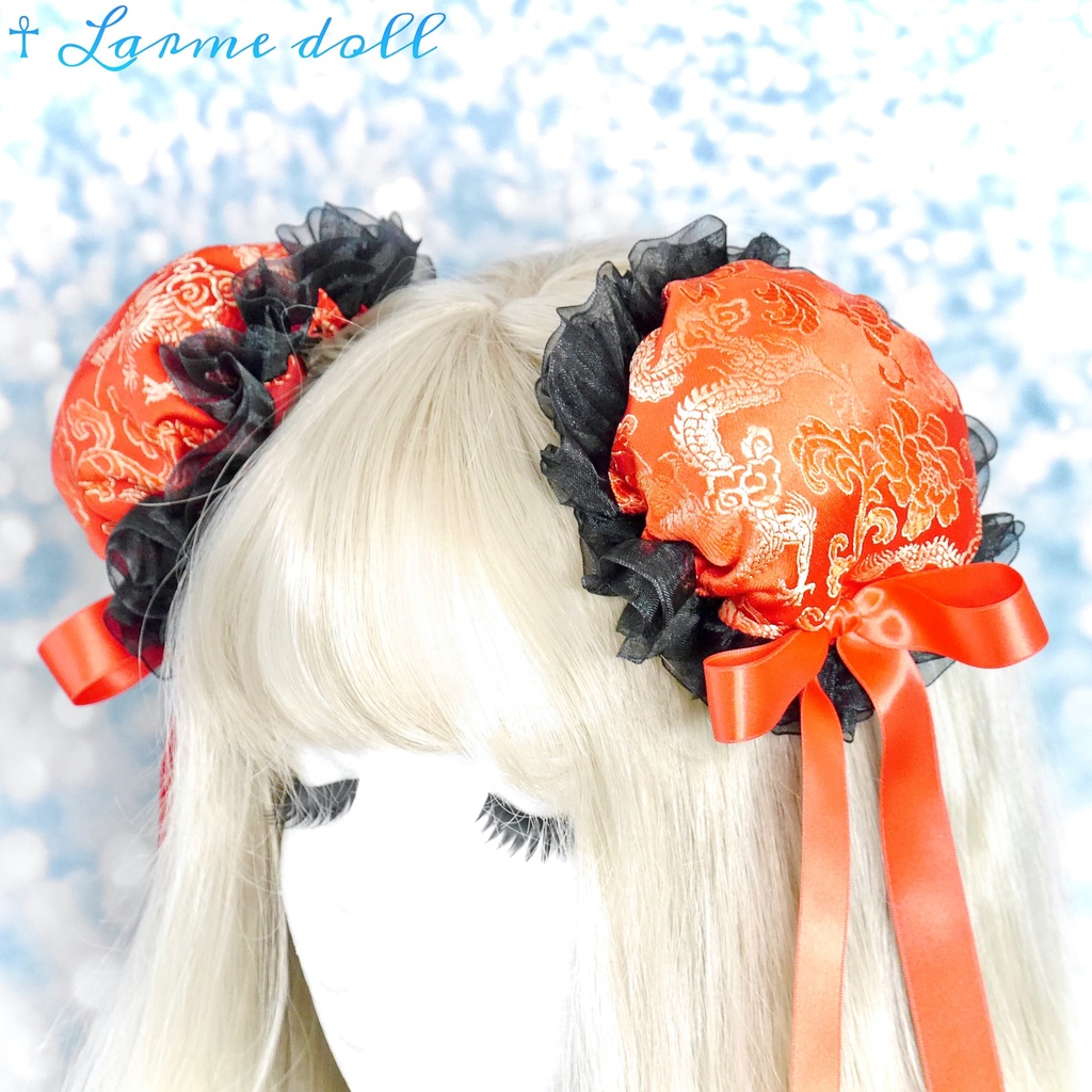 【受注生産】《☥》ゆめかわチャイナお団子カバー(オーガンジーレース黒)(本体カバーカラー▷赤) 取り外し可能綿クッション+ヘアクリップ付き