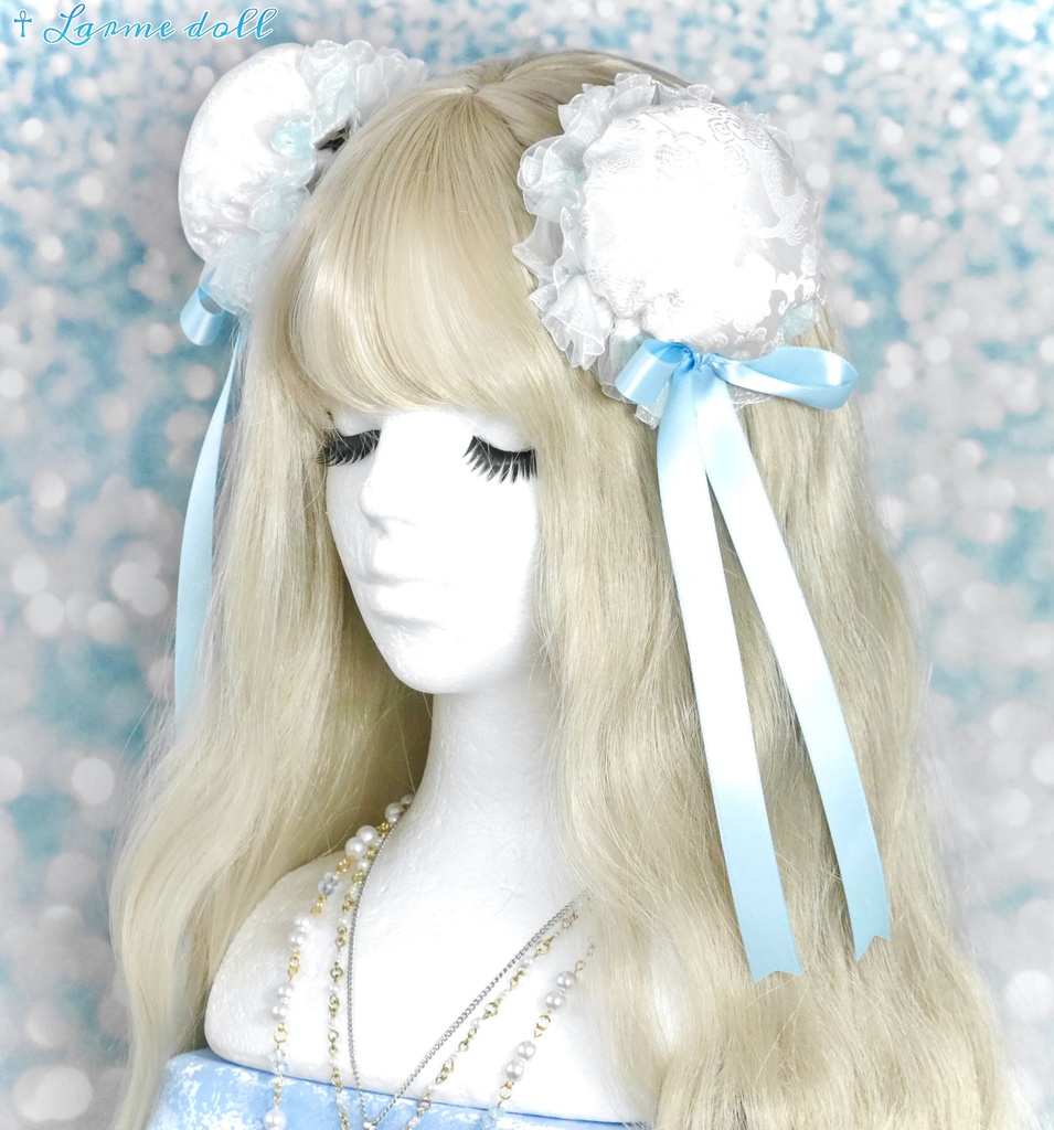 【受注生産】《☥》ゆめかわチャイナお団子カバー(オーガンジーレース水色)(本体カバーカラー▷白) 取り外し可能綿クッション+ヘアクリップ付き