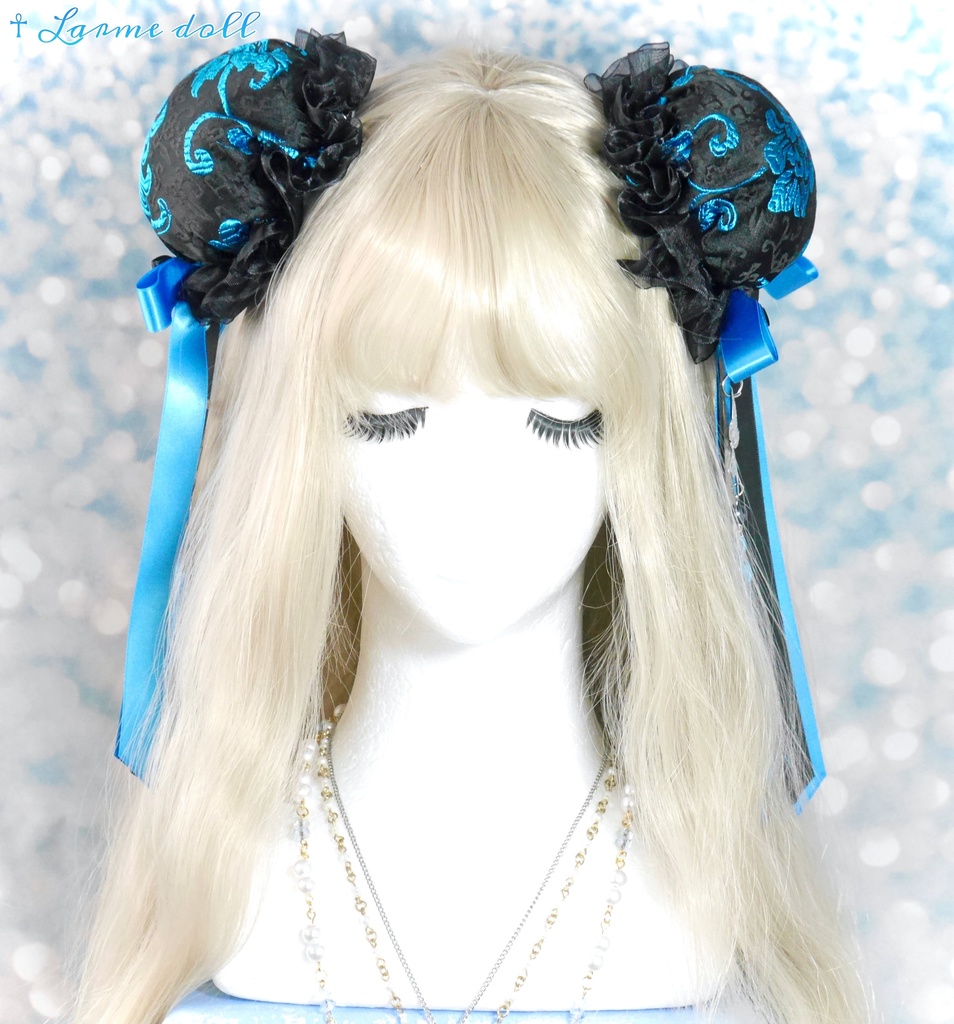 【受注生産】《☥》ダブルリボンタッセル付きお団子カバー(カラー▷黒×青)