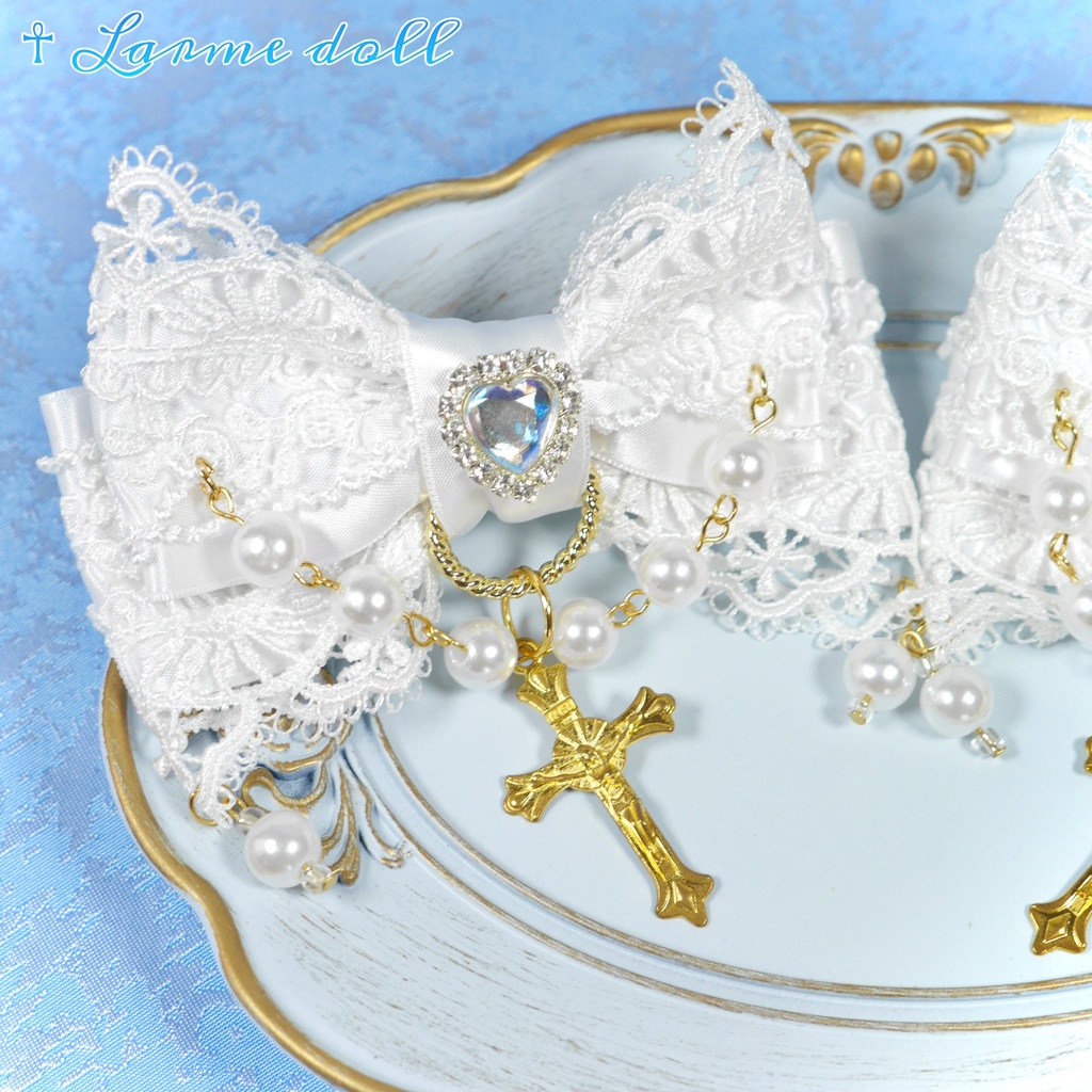 【受注生産】《☥》ロリィタリボンヘアクリップ アクリル製パールビーズタイプ(白)