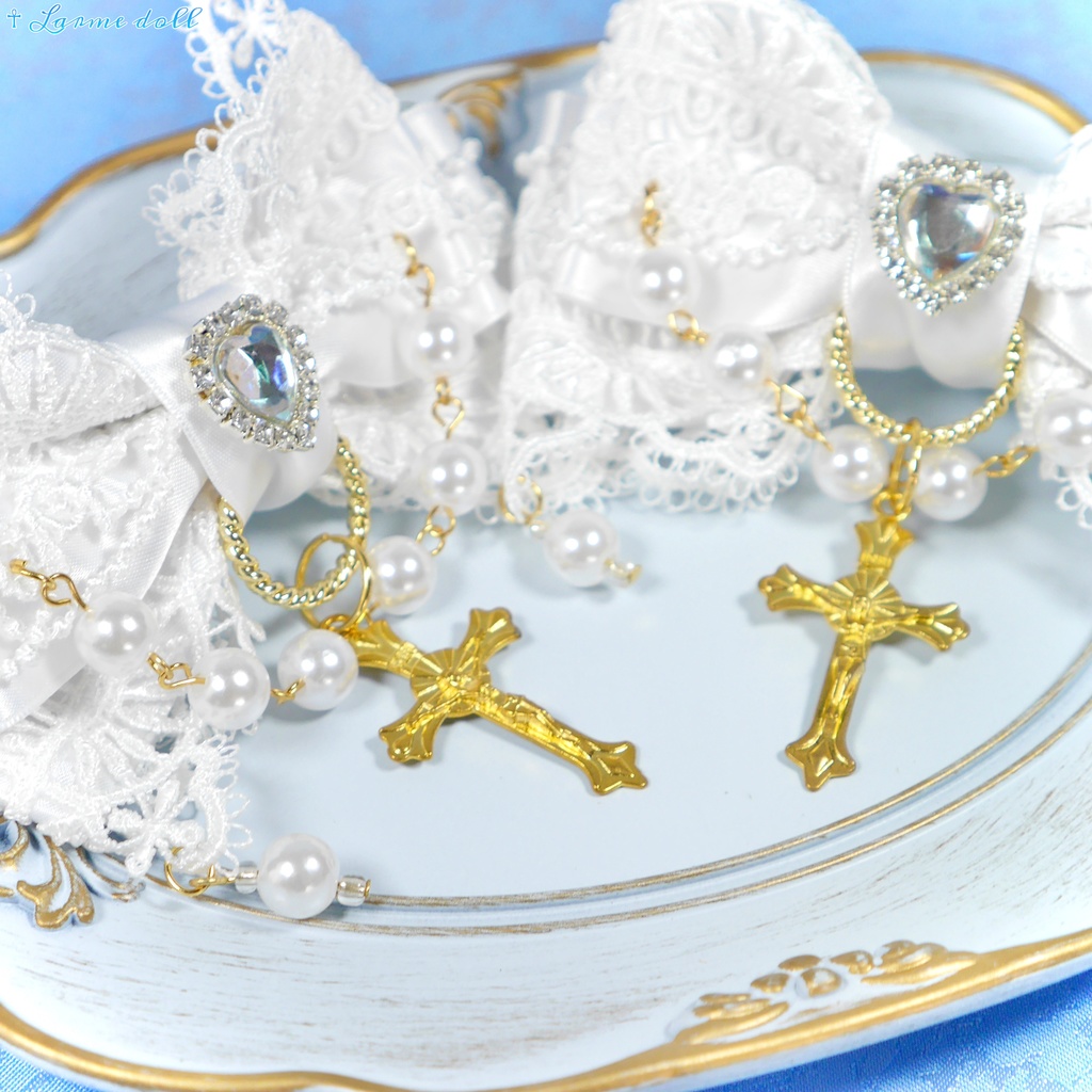 【受注生産】《☥》ロリィタリボンヘアクリップ アクリル製パールビーズタイプ(白)