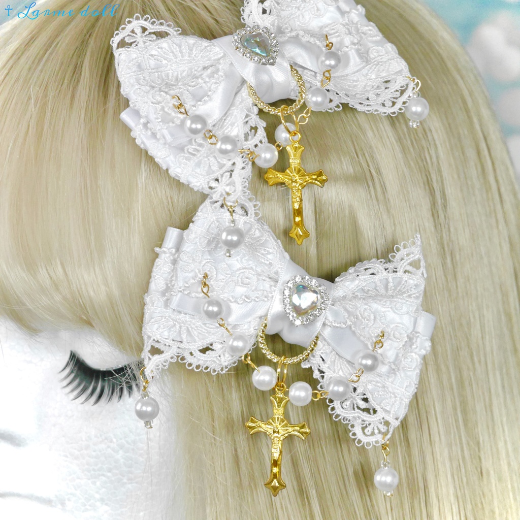 【受注生産】《☥》ロリィタリボンヘアクリップ アクリル製パールビーズタイプ(白)