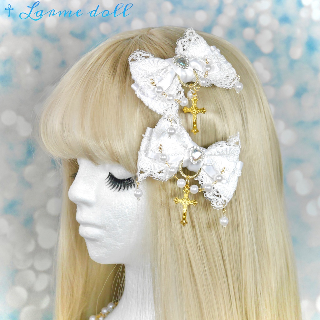 【受注生産】《☥》ロリィタリボンヘアクリップ アクリル製パールビーズタイプ(白)