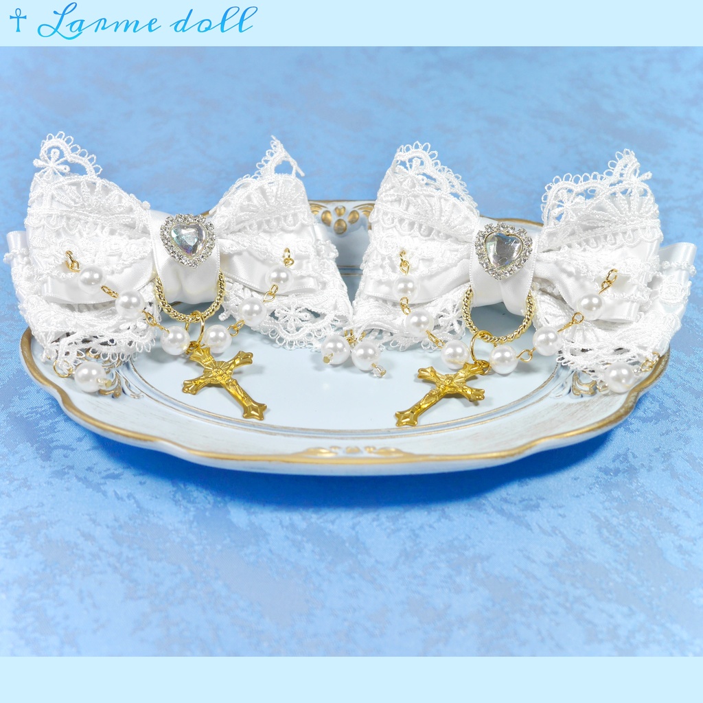 【受注生産】《☥》ロリィタリボンヘアクリップ アクリル製パールビーズタイプ(白)