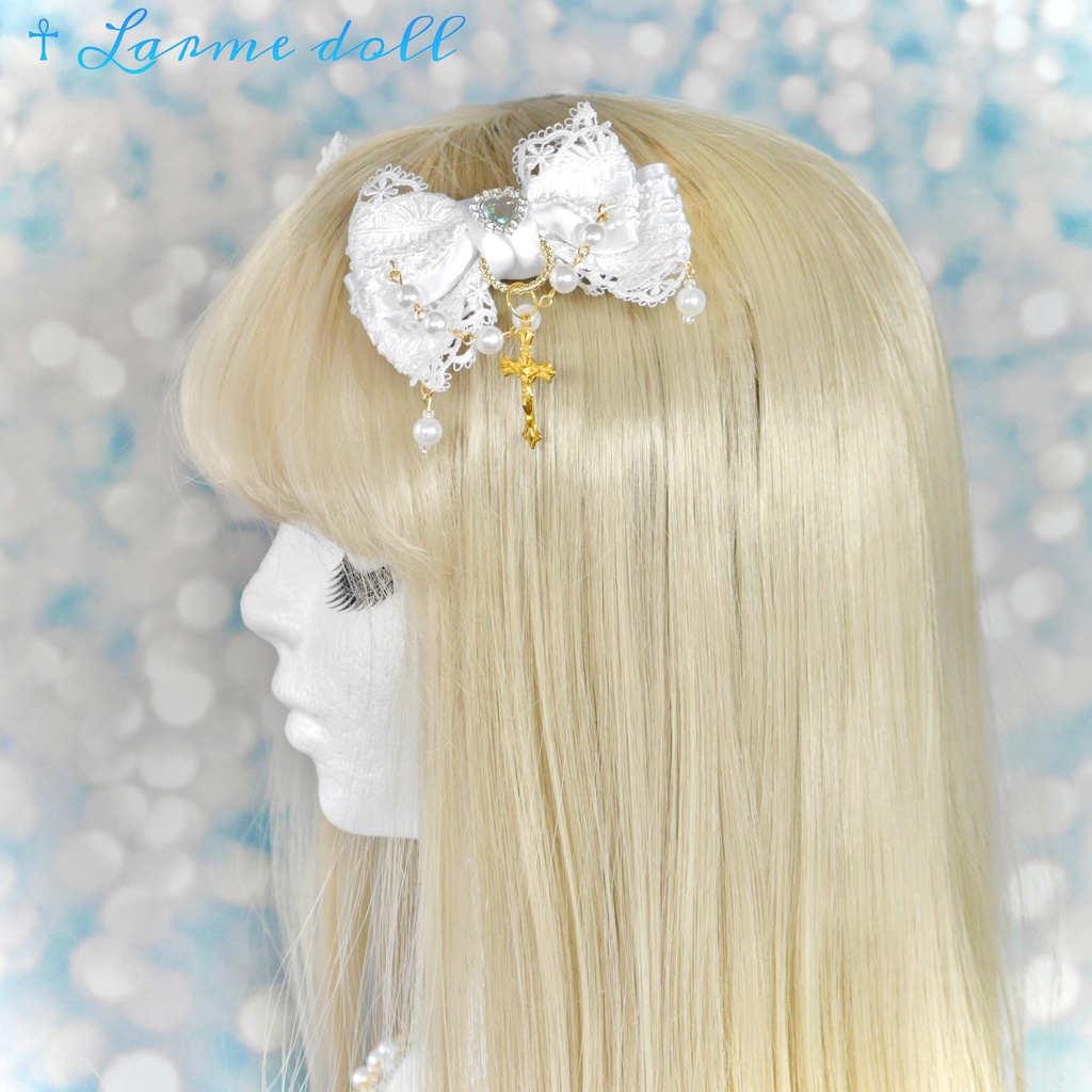 【受注生産】《☥》ロリィタリボンヘアクリップ アクリル製パールビーズタイプ(白)